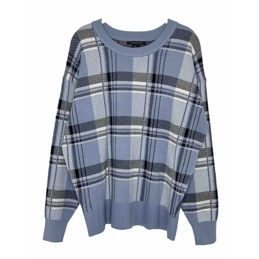 Tahari Women’s Baby Blue & Black Plaid Long Sleeve Crew Neck Sweater Sz XL
